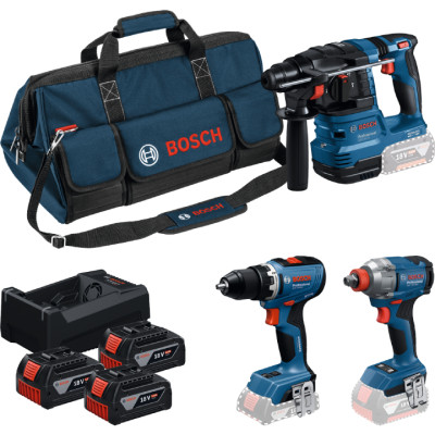 Набір акумуляторних інструментів Bosch Pro: шуруповерт GSR 18V-65, гайковерт GDX 18V-285, перфоратор GBH 18V-22, 3 акб GBA 18 V 5.0 Ah, з/п GAL 12V/18V-80 у сумці