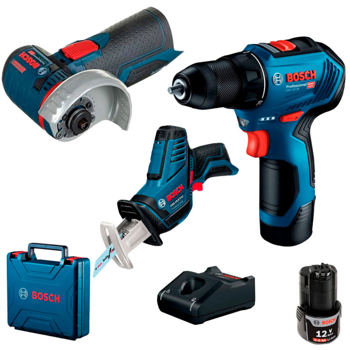 Набір інструментів Bosch Professional GSR 12V-30, GSA 12V-14, GWS